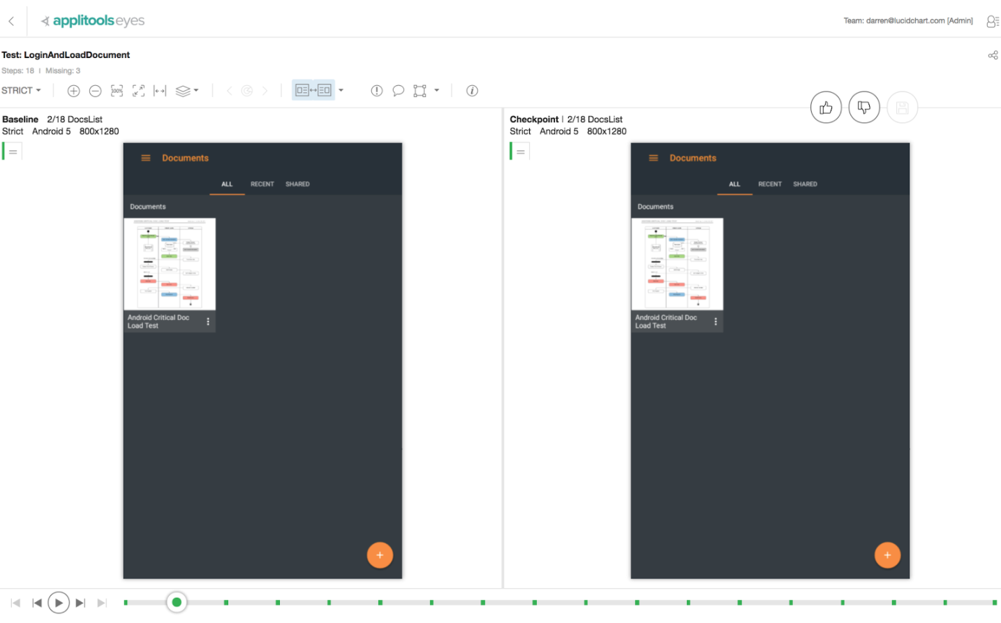 Applitools provides side by side visual comparison of UI snapshots during testing.