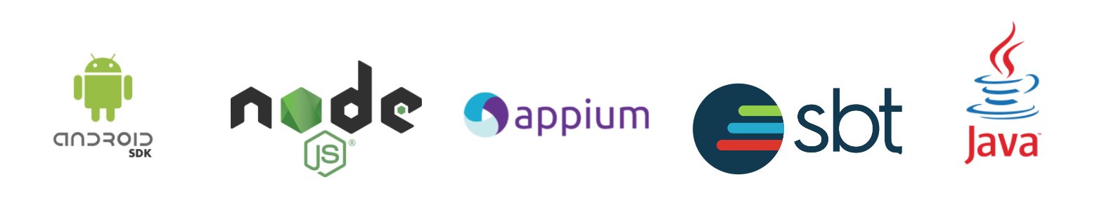 Tools we used to build our automation includes AndroidSDK, NodeJS, Appium, SBT, and Java. Logos of tools we chose to use for our test automation.