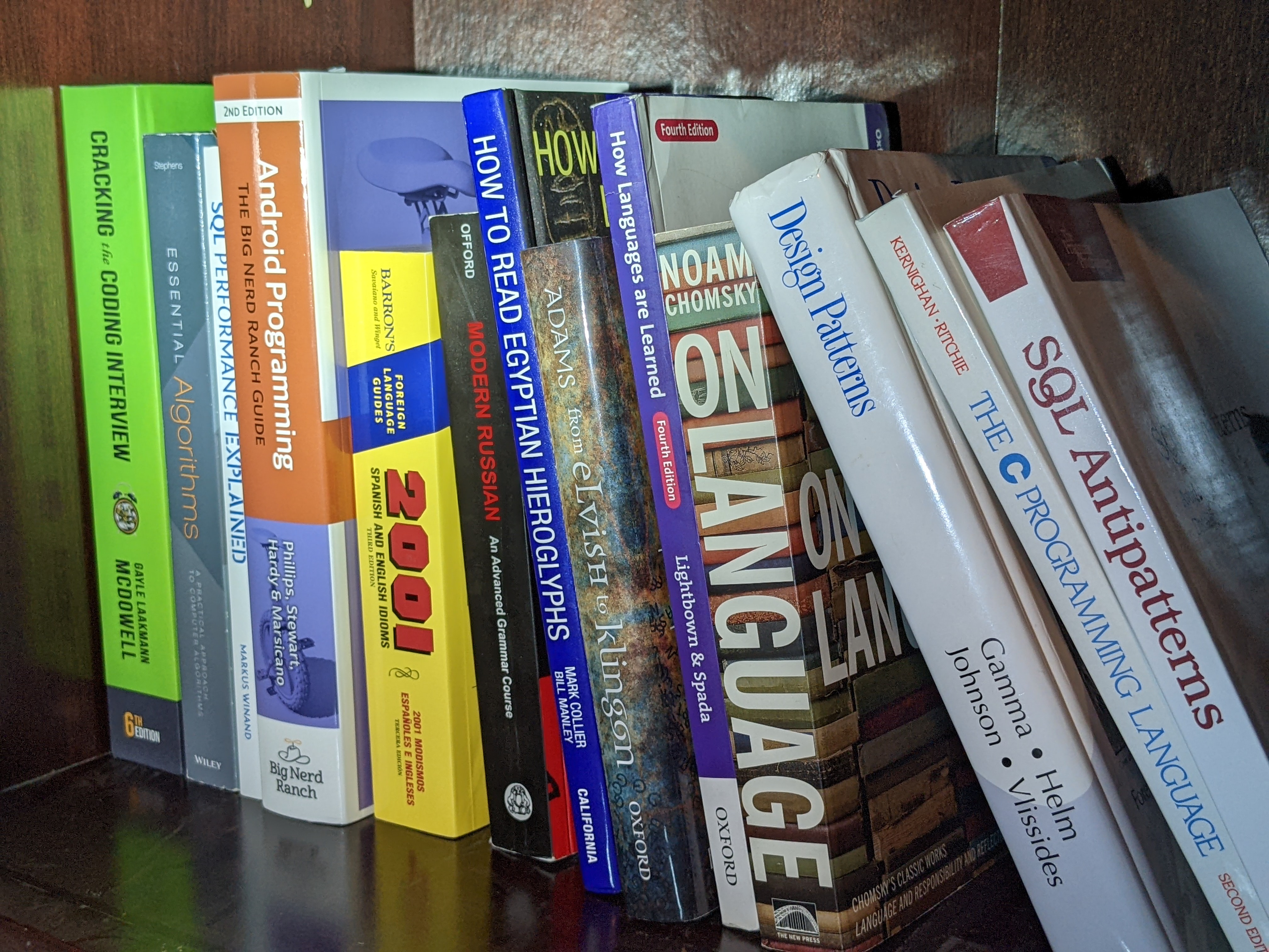 Several of my language and programming language books, including Cracking the Coding Interview, Design Patterns, Modern Russian, and How Languages are Learned